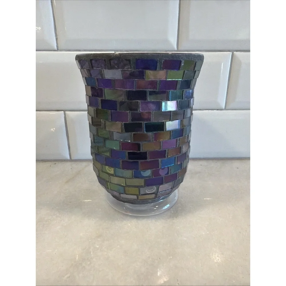 Stunning Vtg Iridescent Purple GLASS MOSAIC HURRICANE LAMP/candle Holder GW993 - Picture 1 of 10